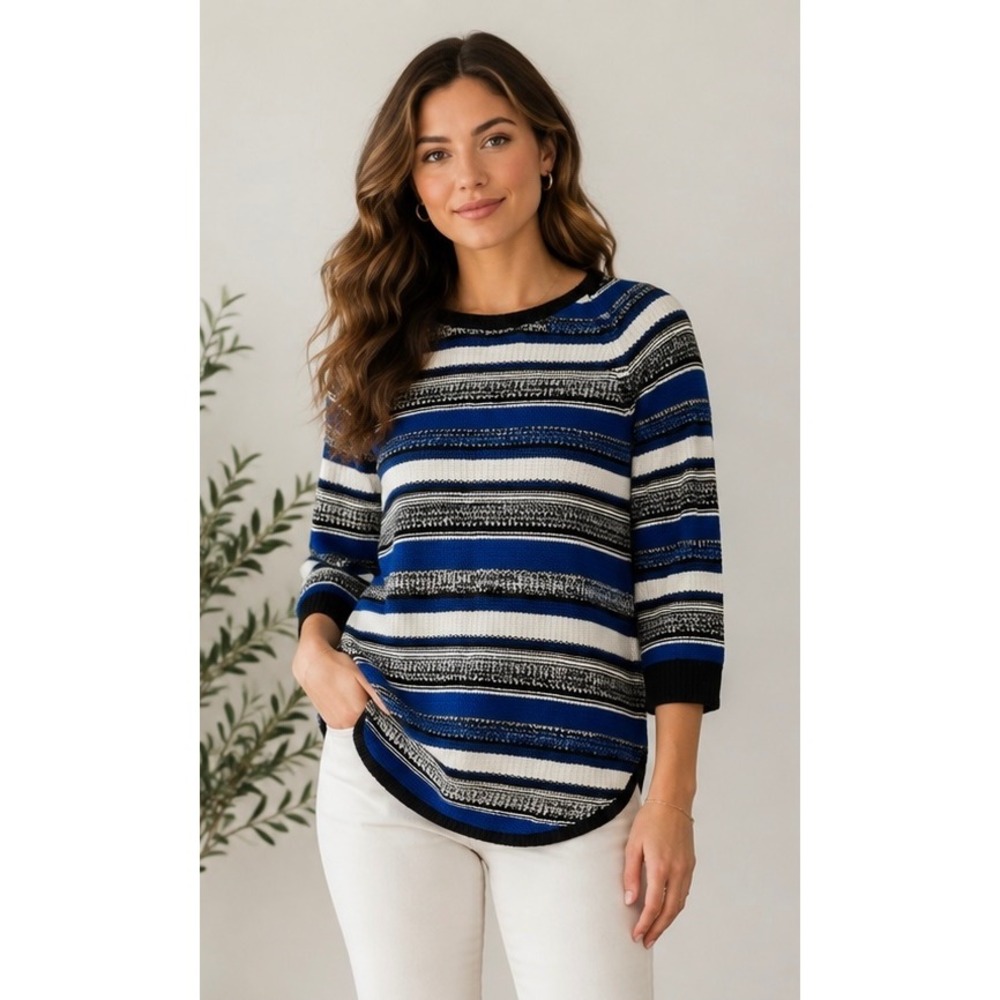 New Directions Weekend Striped Knit Sweater Blue Black White XL 3/4 Sleeve